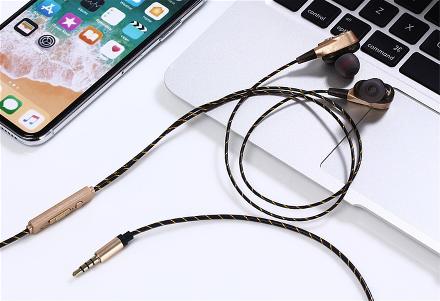 Quad-core Dual Dynamic Double Circle  In-Ear Earphone Subwoofer Earbuds with Mic- Gold