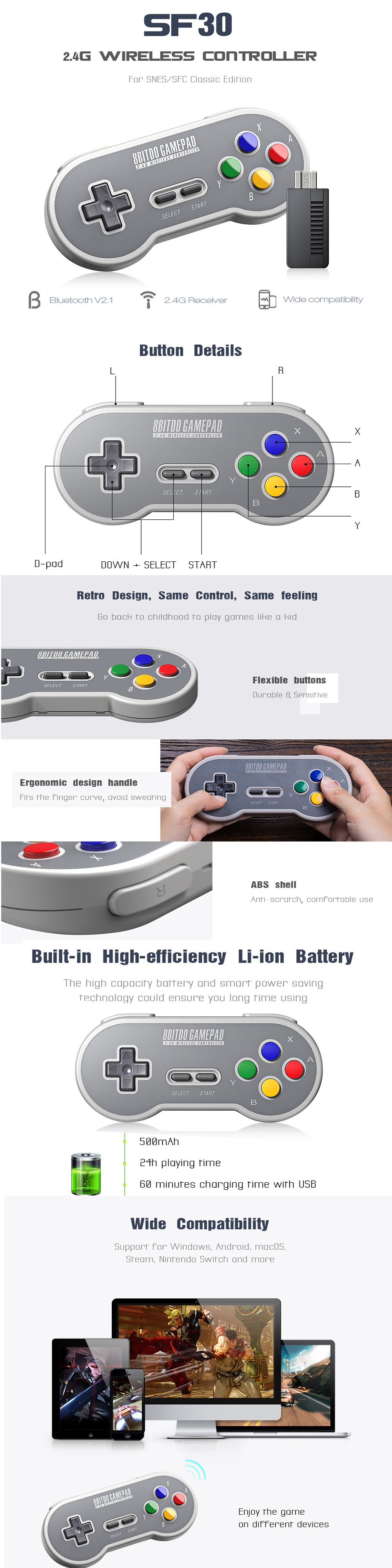 SF30 2.4G Wireless Gamepad Retro Controller with 2.4G Receiver